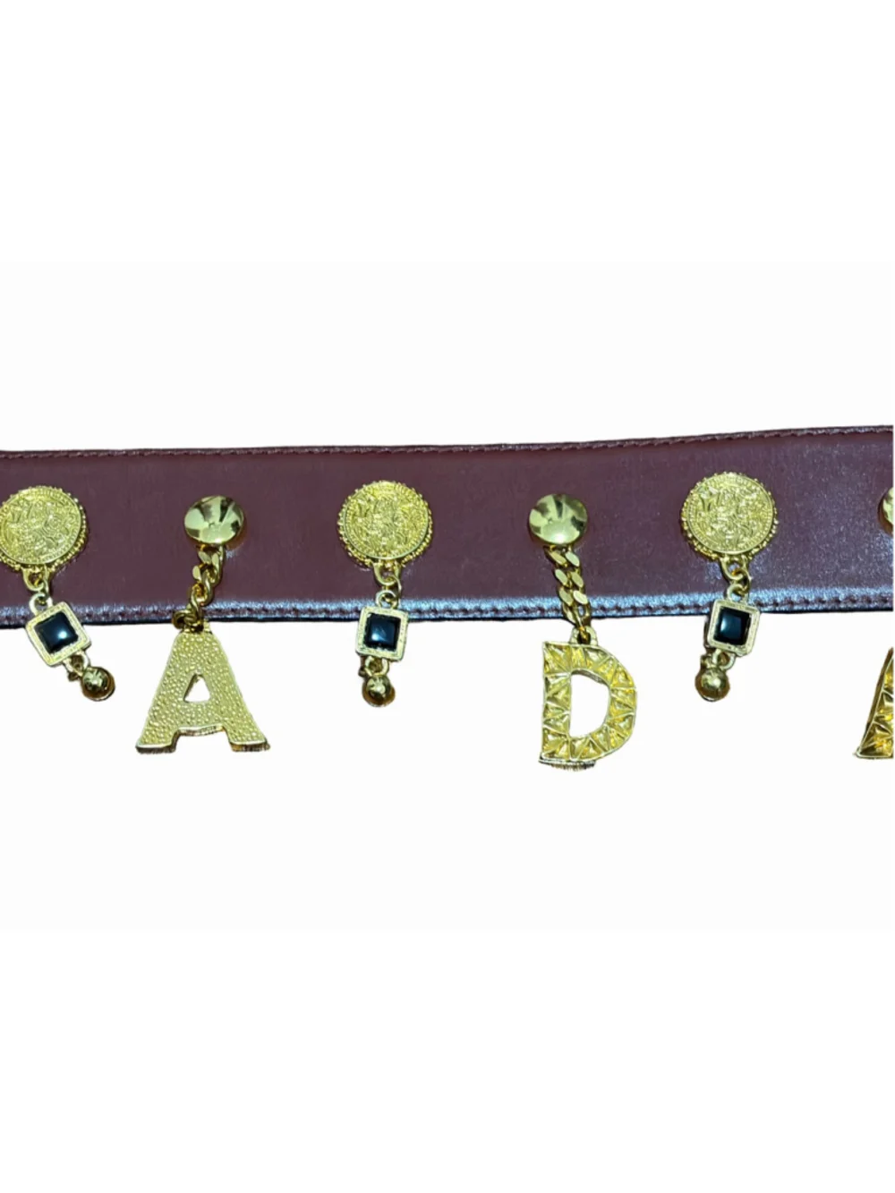 Vintage Escada Brown Leather Belt Gold Letter Charms Buckle Sz 36 Germany